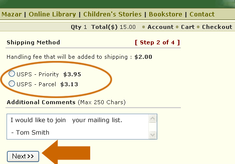 Screen shot of the shipping options page
