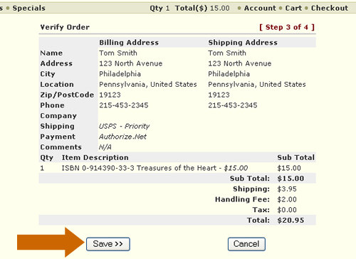 Screen shot of the order verification page
